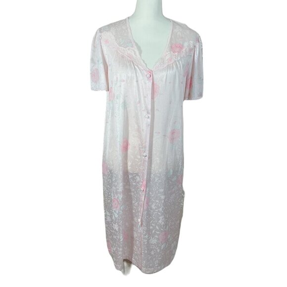 Vintage Vanity Fair Light Pink Floral Button Up Night Dress Coquette Size M - Picture 1 of 8